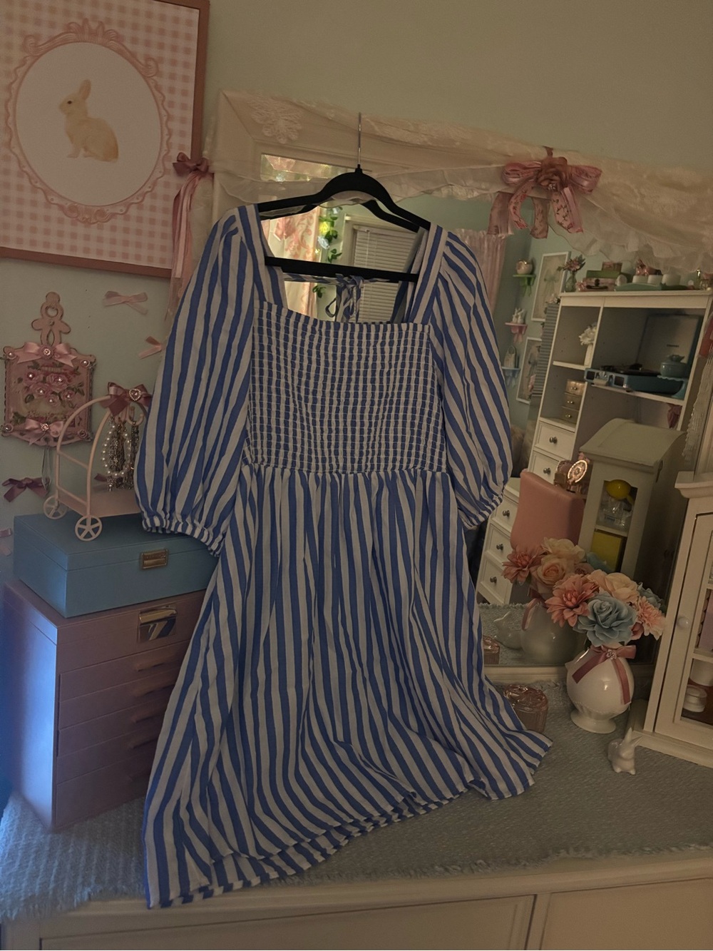 Blue and White Striped Smocked Dress